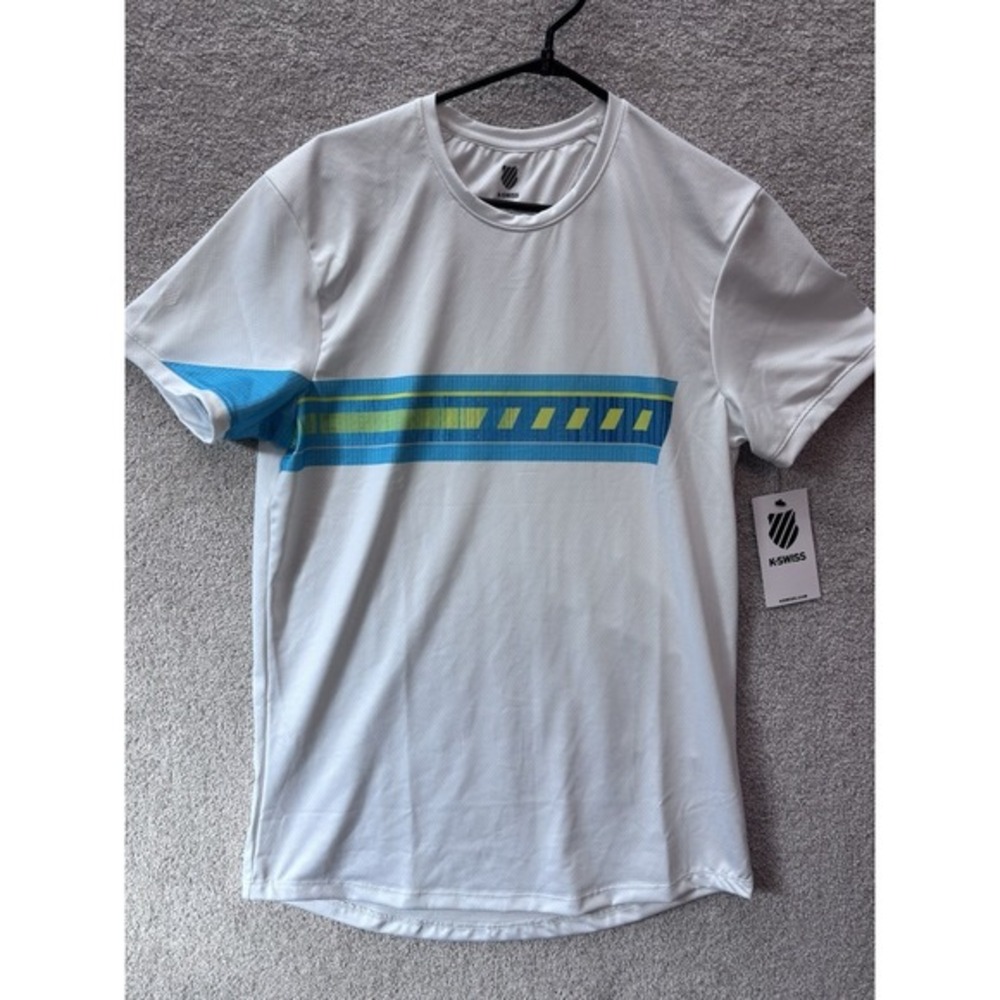K-SWISS Tennis Shirt Wmn Small White Blue Striped Supercharge SS Performance NEW